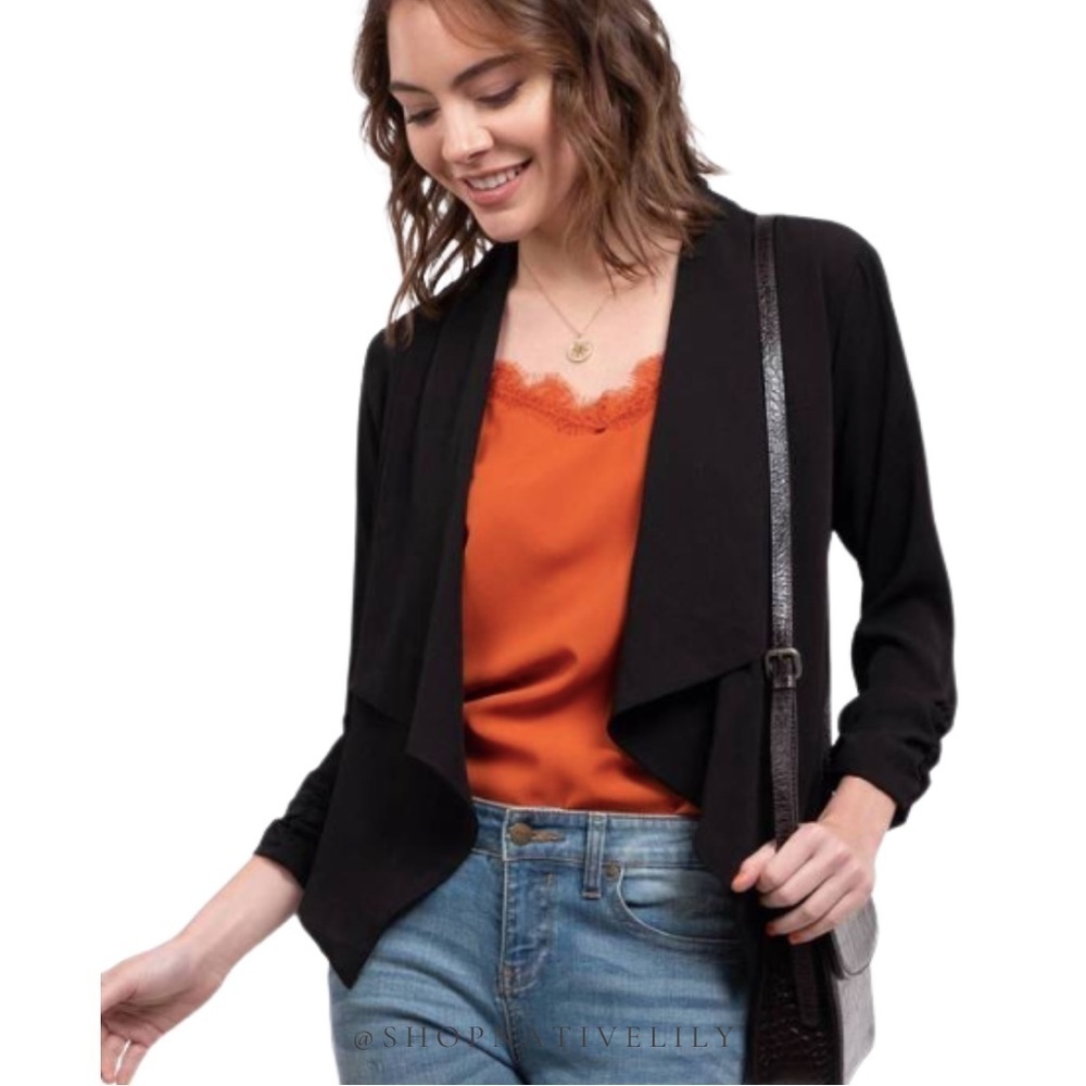 Mine Lightweight Blazer Jacket Size Medium Black Open Front 3/4 Sleeve NWT